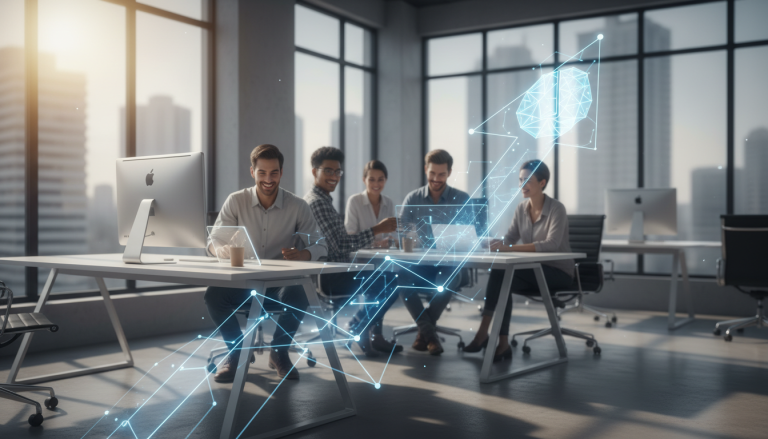 Specjaliści z agencji Mayko analizują wykresy pozycjonowania strony internetowej przy użyciu narzędzi AI w biurze w Białymstoku.